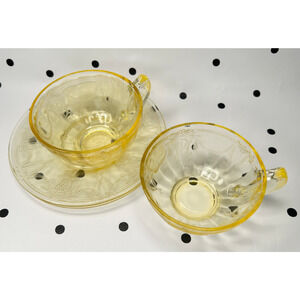 Vintage Uranium Cameo Ballerina Topaz Yellow Depression Glass Cup & Saucer